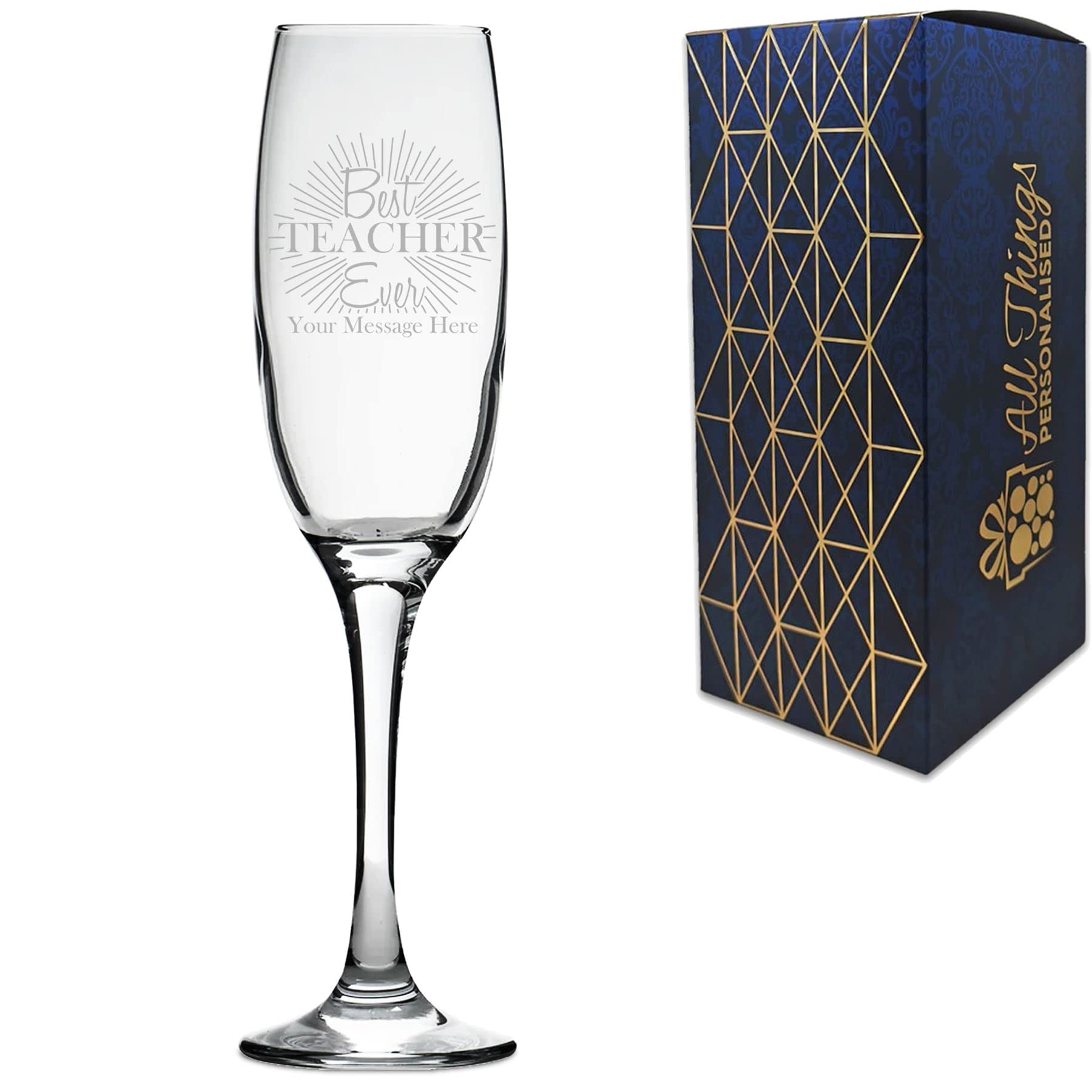 Personalised Engraved Teacher Gift Champagne Prosecco Flute with Best Teacher Ever Design, Personalise with Any Message, Gift Box Included, Laser Engraved, Teacher End of Term School Gift