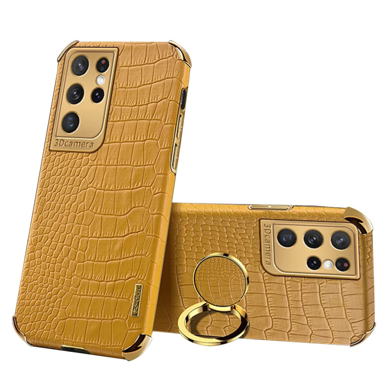 Case for Samsung Galaxy S23 Crocodile Pattern Leather Case Soft TPU Shockproof Plating Bumper Business Protective Cover with Ring Stand Work with Magnetic Car Mount,Yellow,For Samsung S23
