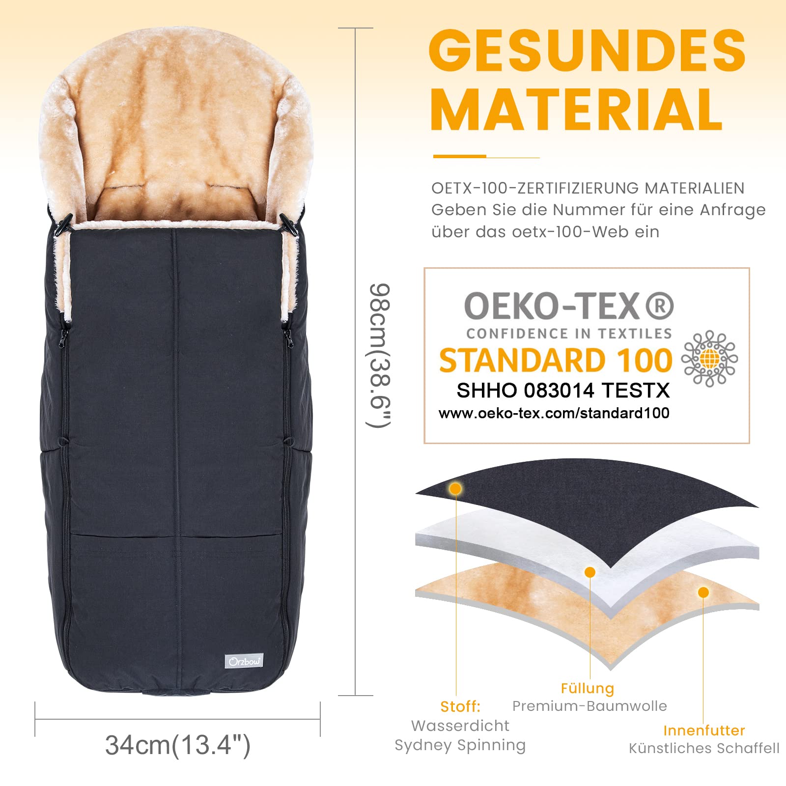 Orzbow Fußsack Buggy, Künstliches Lammfell Kinderwagen Winter, Reißverschluss, Abnehmbar, Wasserdicht, Maschinenwaschbar, Schwarz