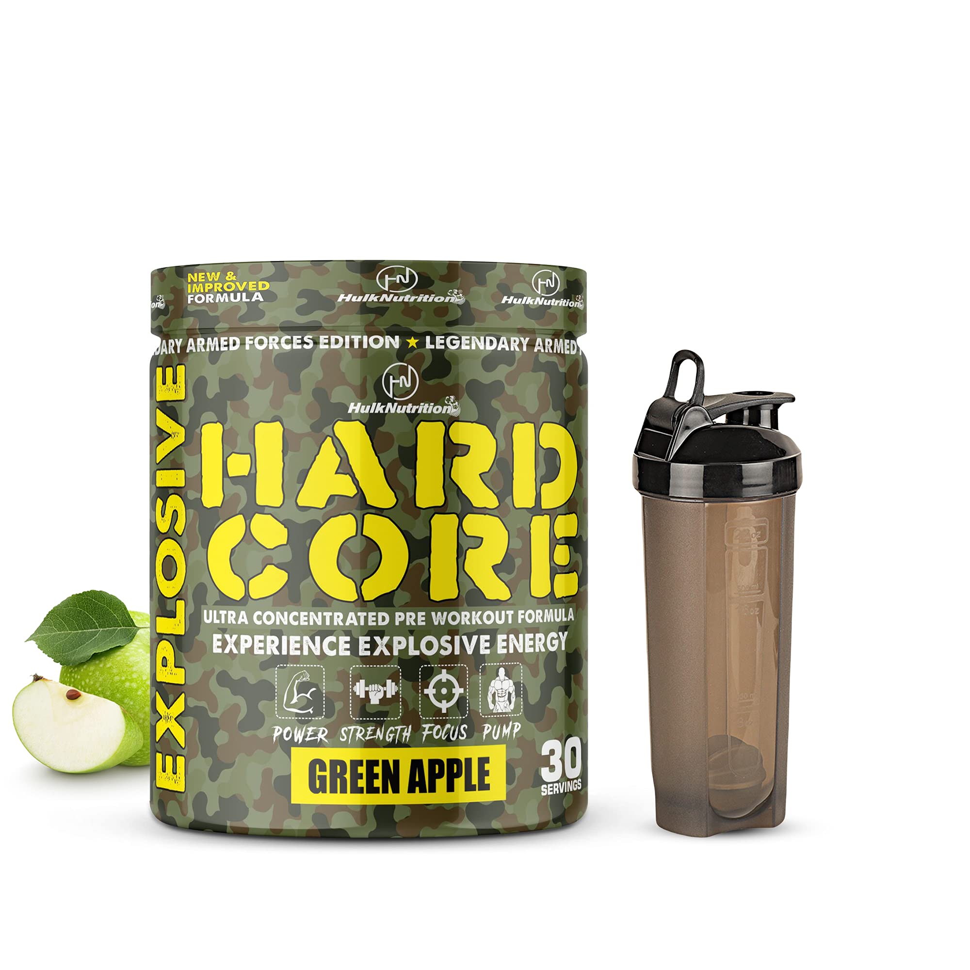 HulkNutrition Hardcore Pre-Workout Supplement, Energy Drink with Creatine Monohydrate, Arginine AAKG, Beta-Alanine, Explosive Muscle Pump, Caffeinated Punch - Men & Women [30, Green Apple] Free Shaker