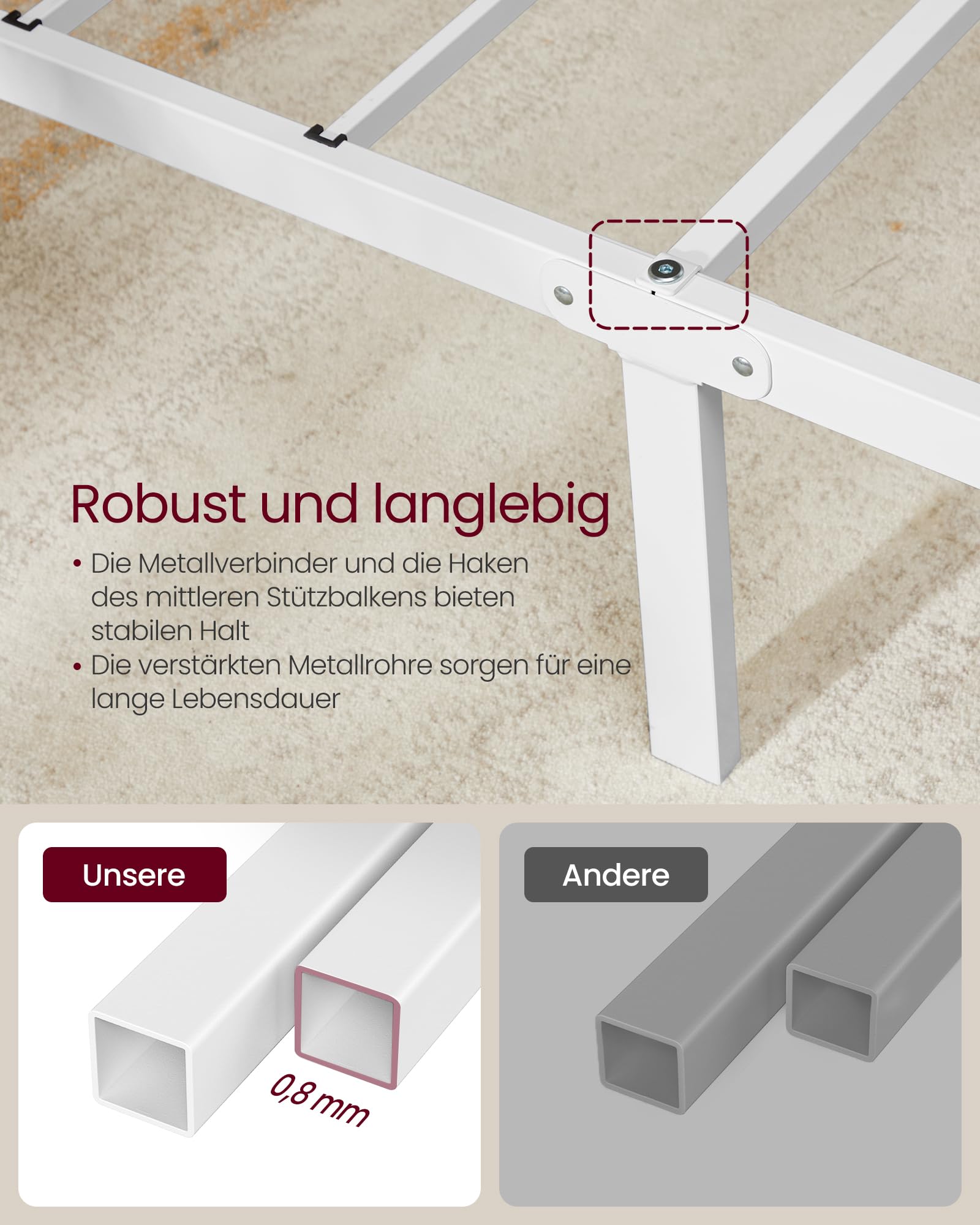 VASAGLE Bett 140 x 200 cm, Gästebett, Doppelbett aus Metall, Bettgestell, Bettrahmen, Metallbett, einfache Montage, mattweiß RMB064WG01
