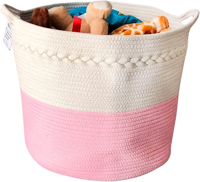 Cotton Rope Basket - Extra Large Pink Storage Basket With Handles. Woven Storage Basket For Blankets, Toy Basket Storage, Clothes basket, Shoes Basket. Pink Basket For Toys (Pink)