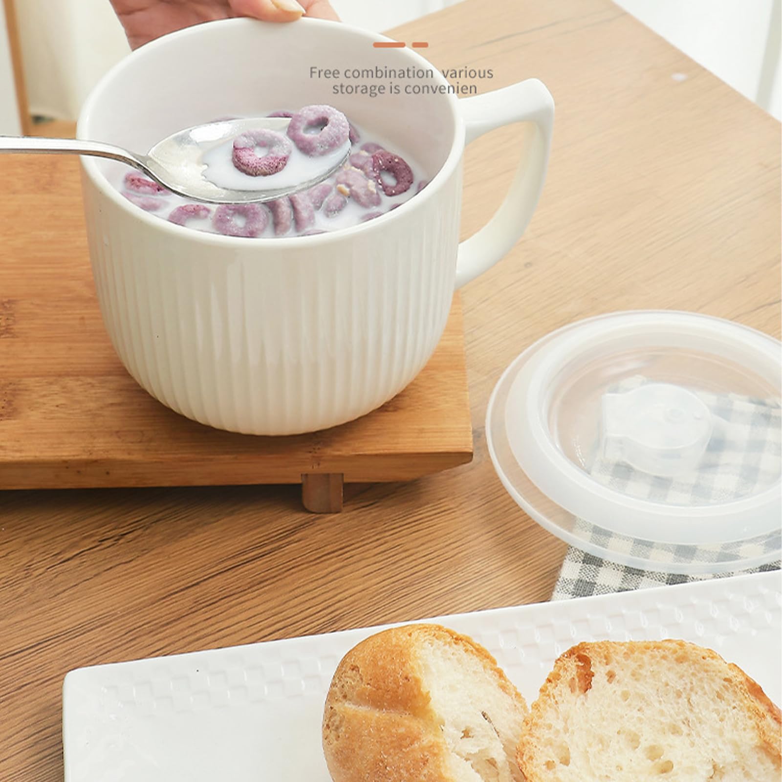 Cuenco de sopa con asa, cuenco de ramen de 900 ml con tapa, cuenco de cerámica para cereales y fideos, para microondas, ensalada, desayuno, color blanco