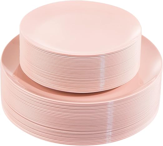 KIRE 60PCS Pink Plastic Plates Disposable - Heavy Duty Pink Plates for Party - Include 30Pieces 10.25inch for Dinner and 30Pieces 7.5inch for Dessert Salad
