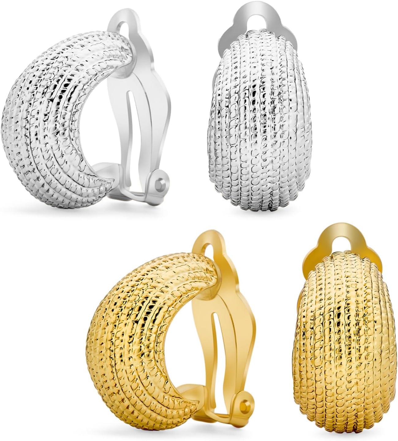 Set of Two Ribbed Grooved Cable Rope Stripe Wide Half Hoop Dome Shrimp Style Clip On Earrings For Women Non Pierced Ears Silver Gold Tone Plated
