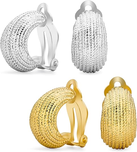 Orecchini A Clip Per Donne Non Forate - Cerchio Geometrico Scanalato - Placcato Oro E Argento
