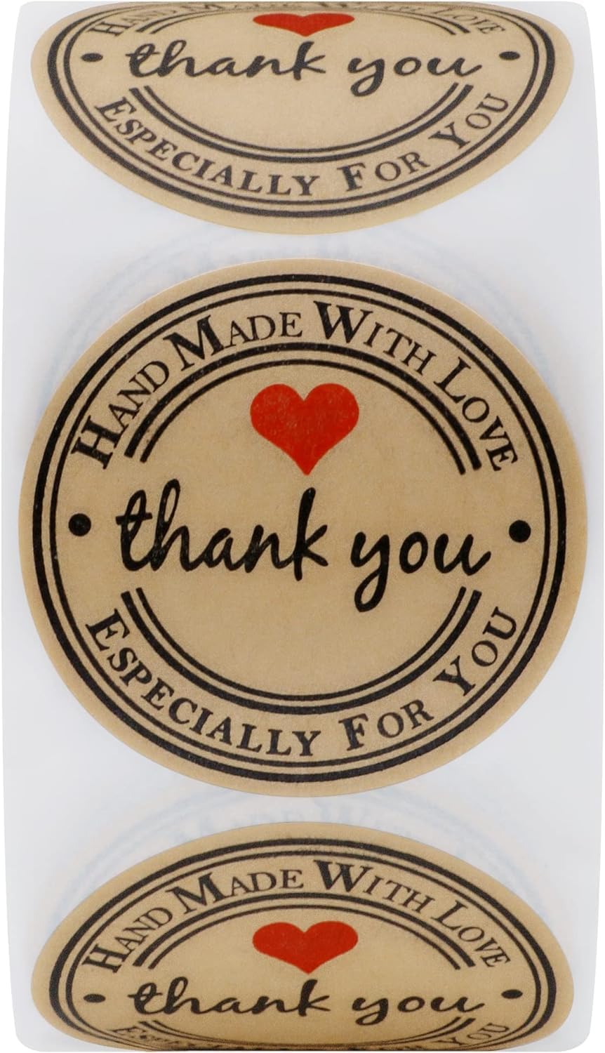 500PCS Hand Made with Love Stickers,1.5 Inch Large Round Thank You Baking Stickers Canning Bottler Labels for Baked Goods Packaging Jam, Jelly Jar,