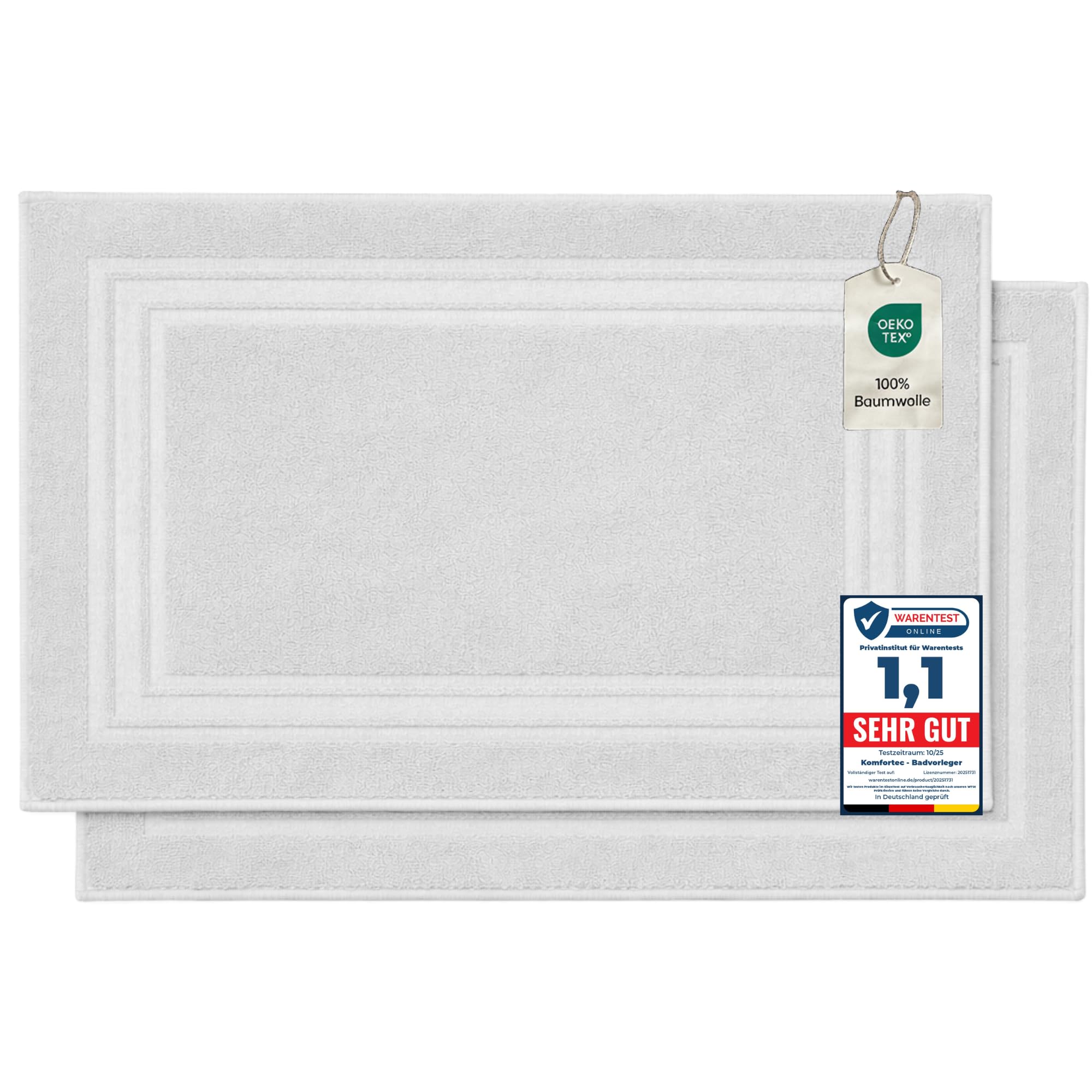 Komfortec - Set di 2 Tappetini da Bagno, Tappetini in Spugna per Doccia, Lavabili, Assorbenti e a Rapida Asciugatura – 600 g/m², 100% Cotone, 50x70 cm, Bianco - 1