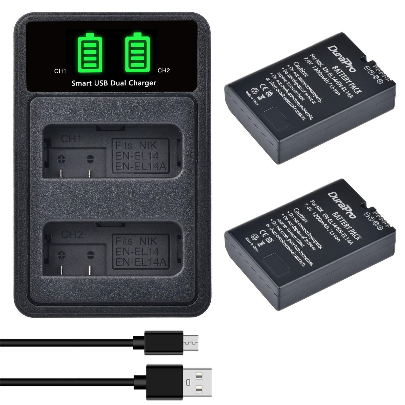 Batterie DuraPro 2Packs 1200mAh EN-EL14 EL14A + Chargeur Double LED pour Nikon EN-EL14 EN-EL14a; P7800 7700 7100 7000 D5600 D5500 D5300 D5200 D5100 Série 3000 D3400 D3300 D3200 D3100 Appareils Photo
