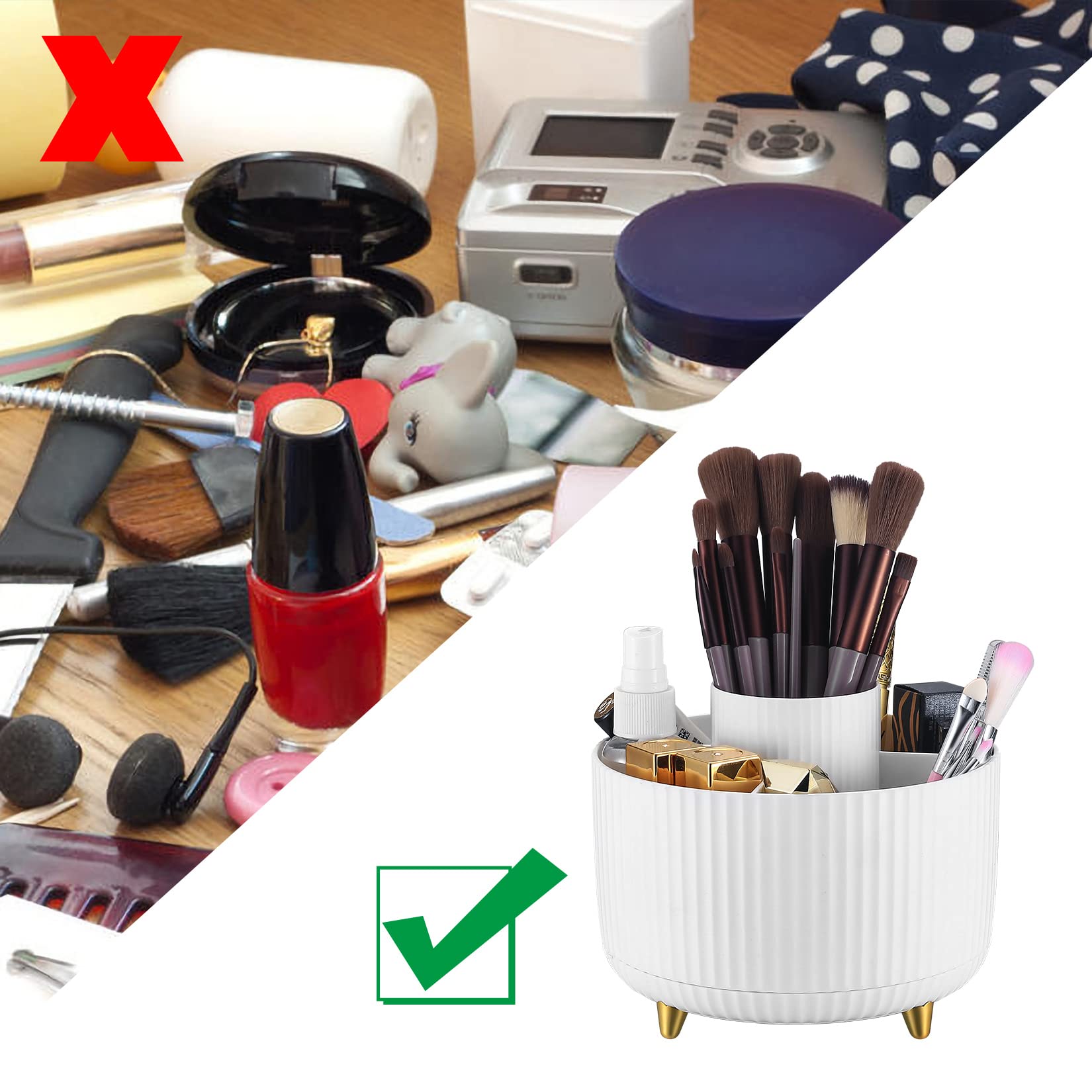 Organisateur De Bureau Rotatif 360° - Porte-crayons, Maquillage - 5 Compartiments - Blanc Et Vert