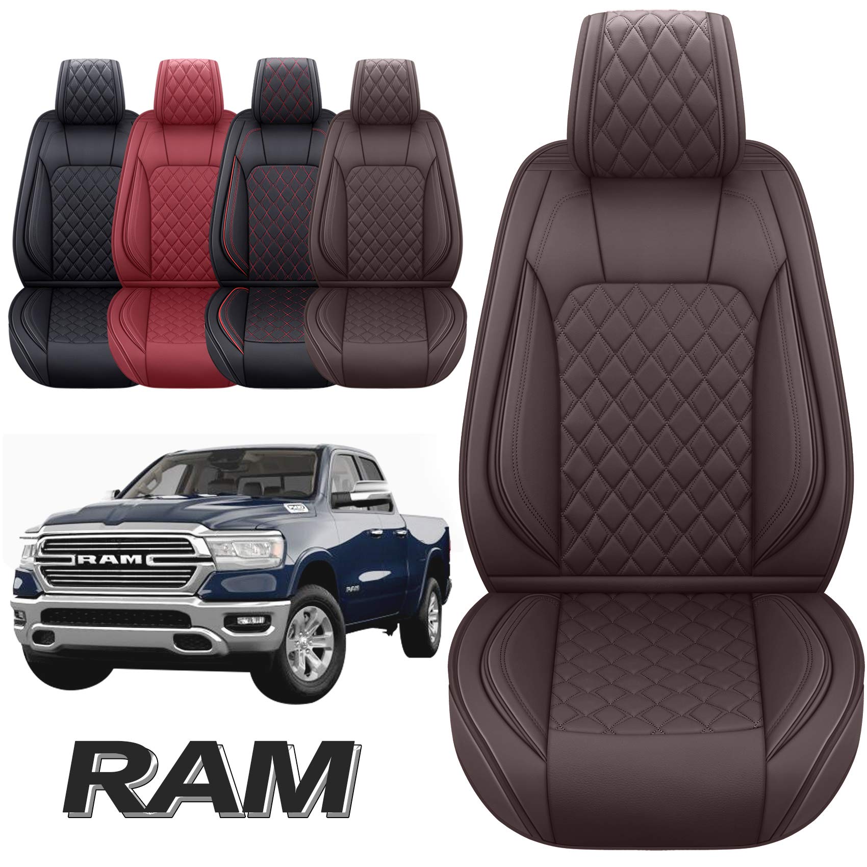 Aierxuan Seat Covers for Dodge Ram Custom Fit 2009-2023 1500 2500 3500 Truck Pickup Crew Quad Regular Cab Waterproof Leather Airbag Compatible Cushion(2 PCS Front/Brown)