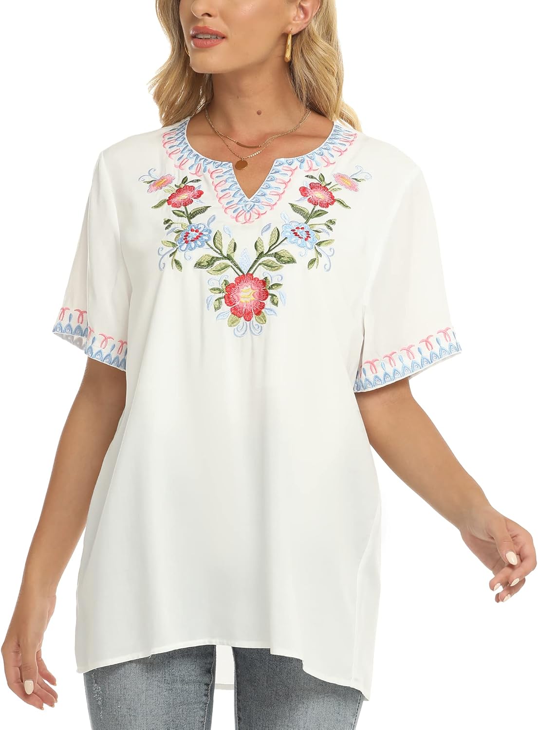 Grosy Women's Short Sleeve Bohemian Tops for Summer, Floral Embroidered Mexican Peasant Blouses, V Neck Boho Top for Women - Image 4