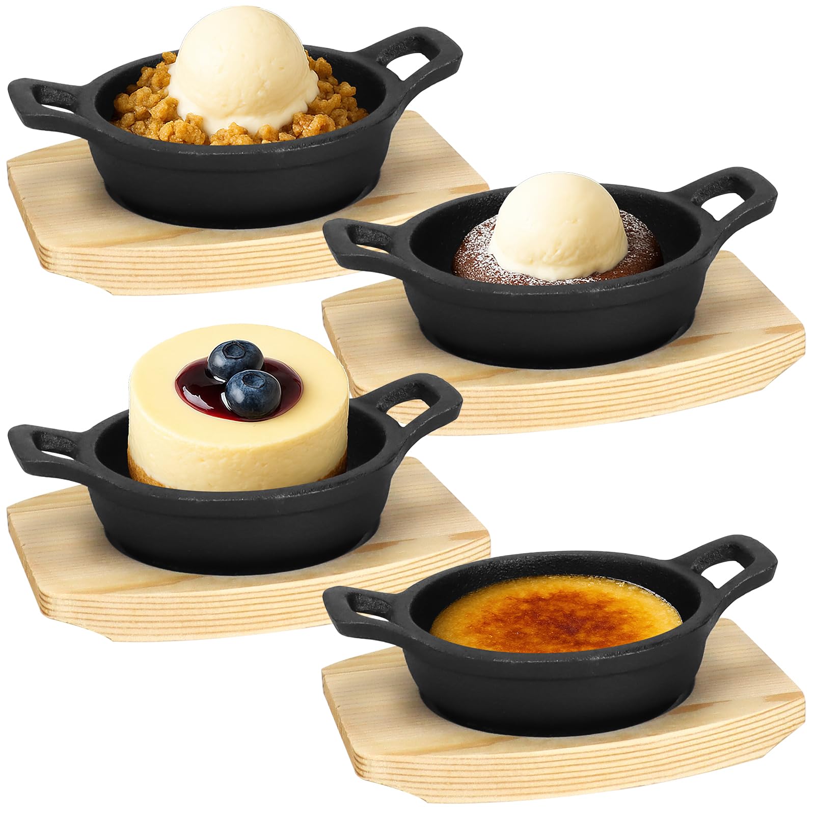 RWFMO 4 Pack Mini Cast Iron Skillets with Wooden Bases, 10cm Small Sizzler Plates, Round Fajita Serving Pans for Tapas Starters Desserts BBQ and Baking