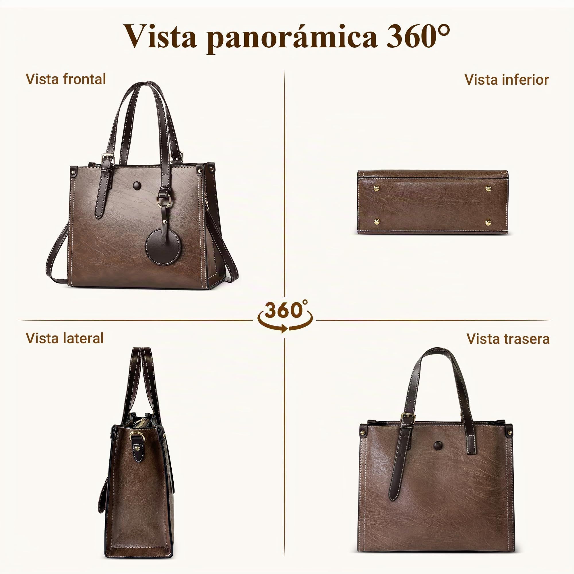 Bolso De Mano Elegante para Mujer — Bolso Bandolera Piel PU Impermeable con Adorno Redondo Y Correa Ajustable, Oficina, Compras, Citas, Fiestas (Marrón Café,L)