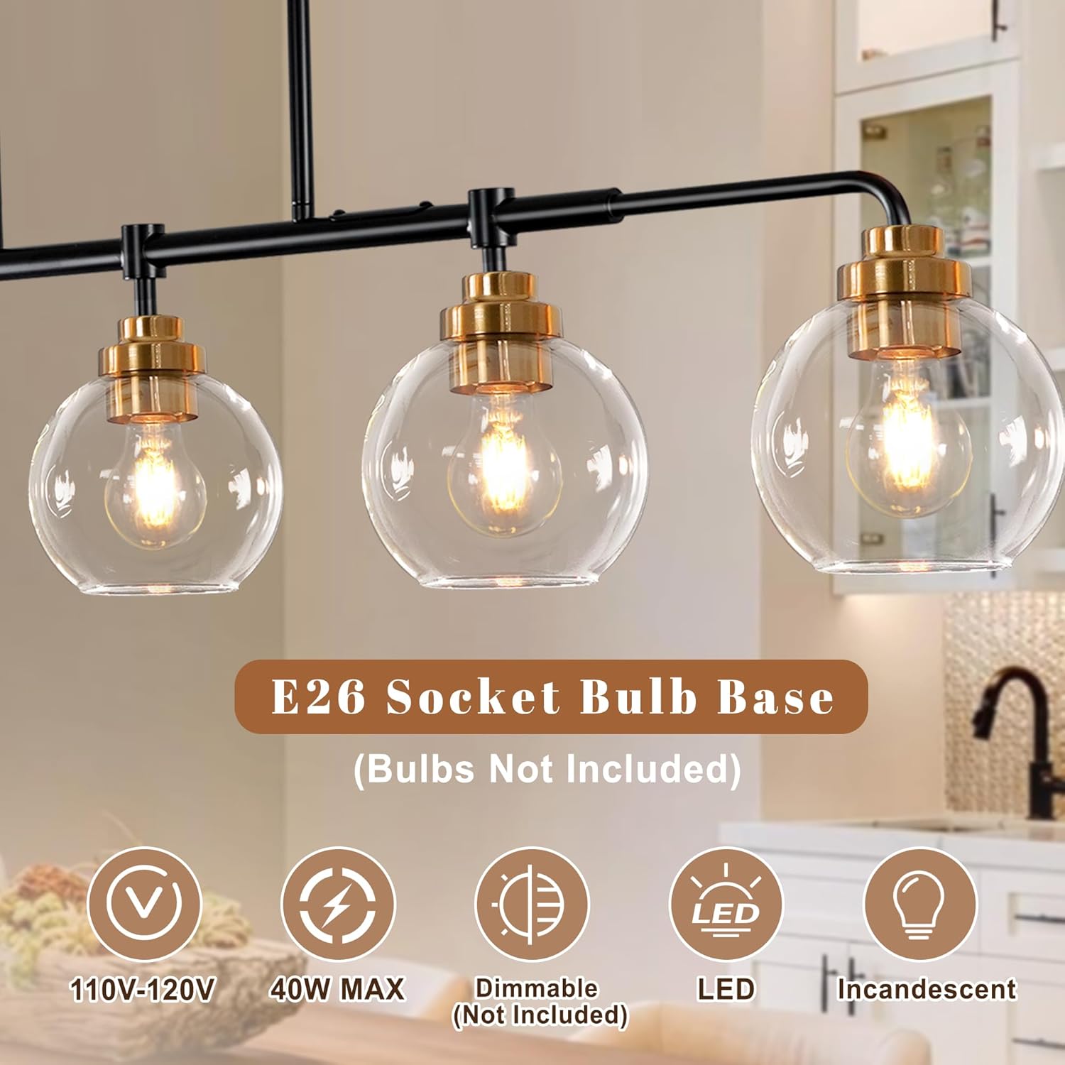 Dining Room Chandelier 5 Light Linear Pendant Lights Kitchen Island with Clear Glass Shade Dining Table Fixture, 45 Inch Adjustable Height Chandeliers for Bedroom Living Room Kitchen Island