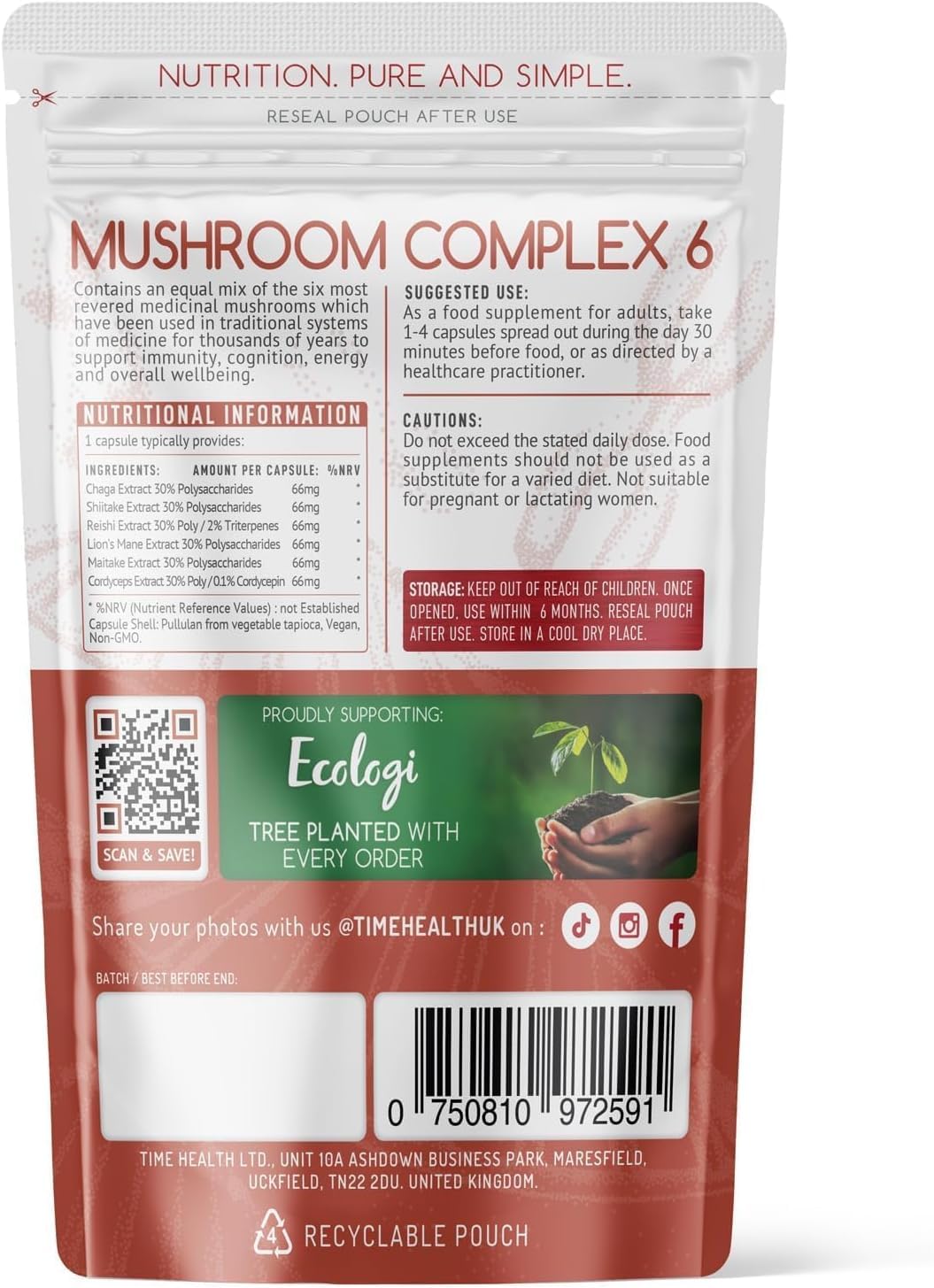 Mushroom Complex 6 | 120 Capsules | Maximum Strength 12000mg per Capsule | Chaga, Cordyceps, Shiitake, Reishi, Lions Mane, Maitake | Zero Additives | 100% Vegan | UK Made (120 Count)