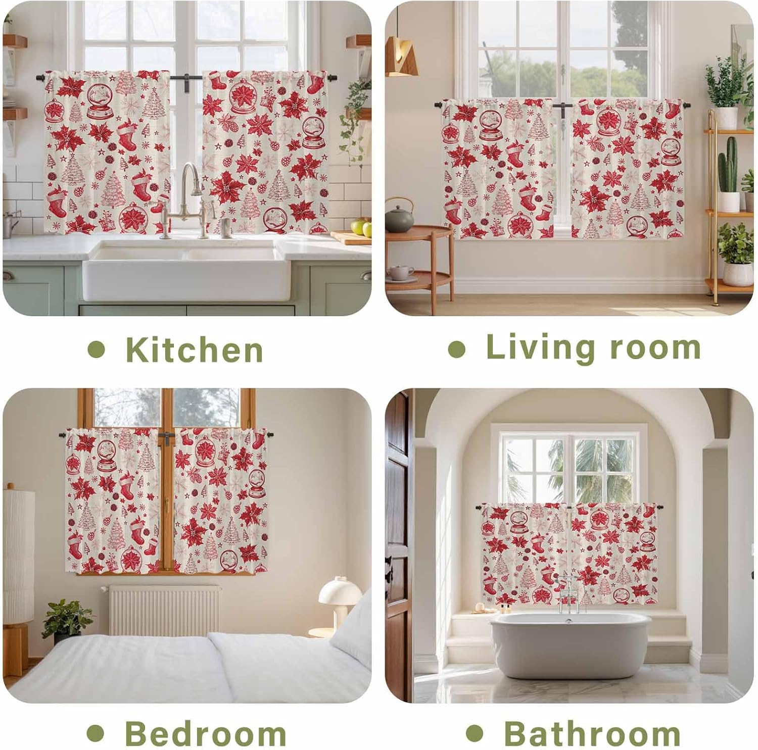 Red Christmas Kitchen Tier Curtains 45 Inch Long 2 Panel Set,Rod Pocket Short Window Treatment,Xmas Poinsettia Tree Snowflake Rustic Curtains & Drapes for Bathroom Basement 27.5"W x 45"L