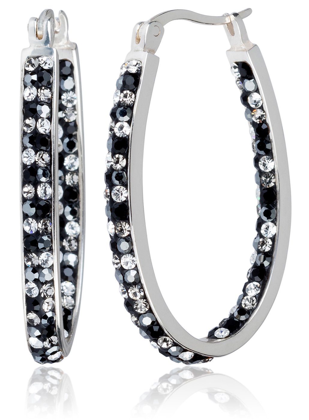 Women's Silver Plated Genuine Crystal Hoop Earring - Blacks and Greys