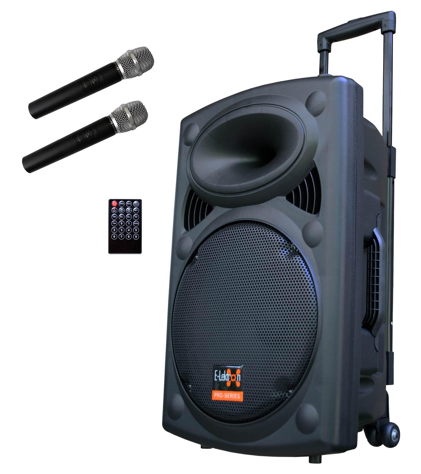 E-Lektron Bluetooth Karaoke Partybox mit 2 Funkmikrofonen – Mobile Lautsprecher EL30-M Komplettset mit Akku, USB, SD & Radio