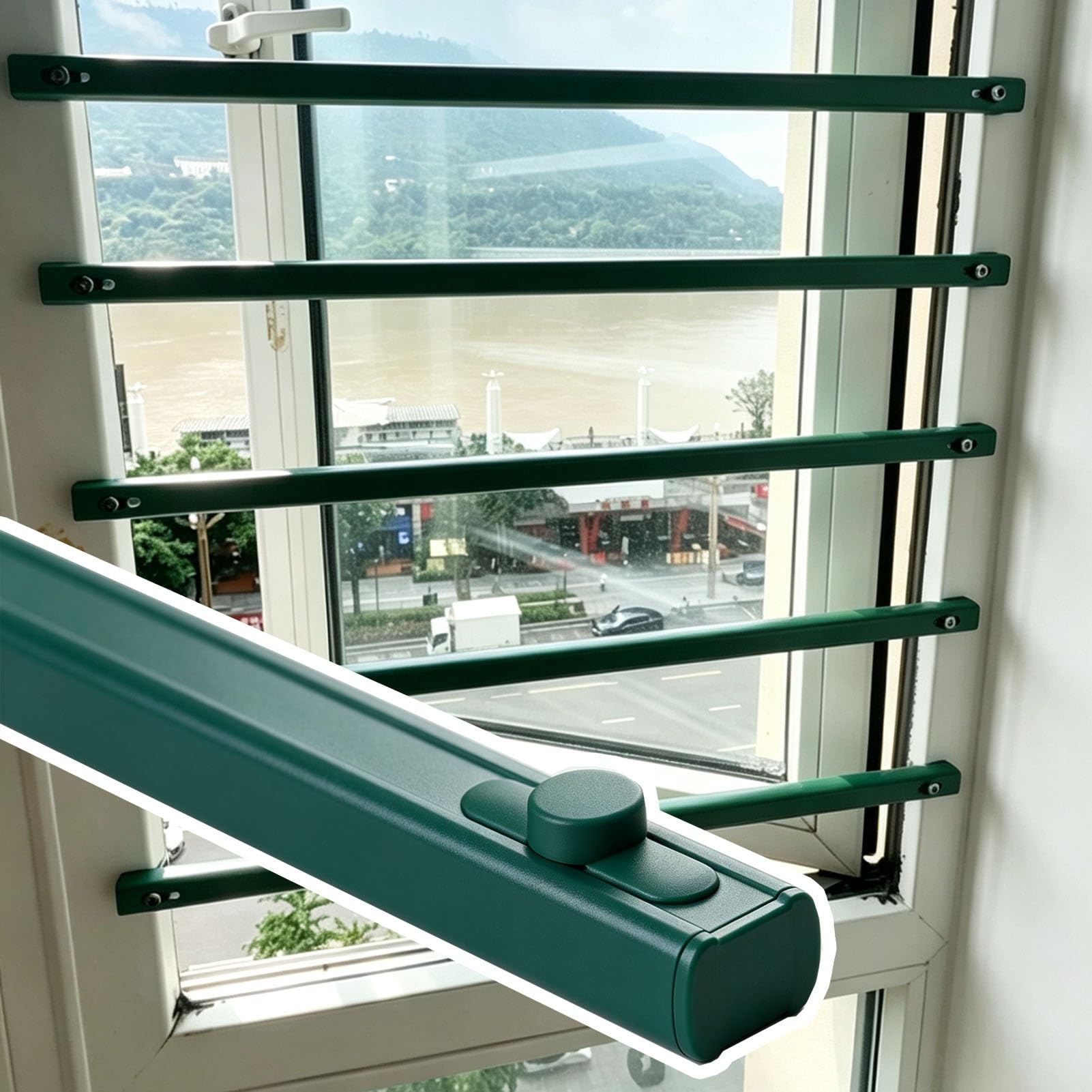 Inferriate per Finestre Barra Sicurezza 30 50 60 100 120Cm | Griglia Sicurezza Porte Regolabile Larghezza 12, 16, 20, 32, 36, 40 50in, Corrimano(Green,Inner Width-60cm/24")
