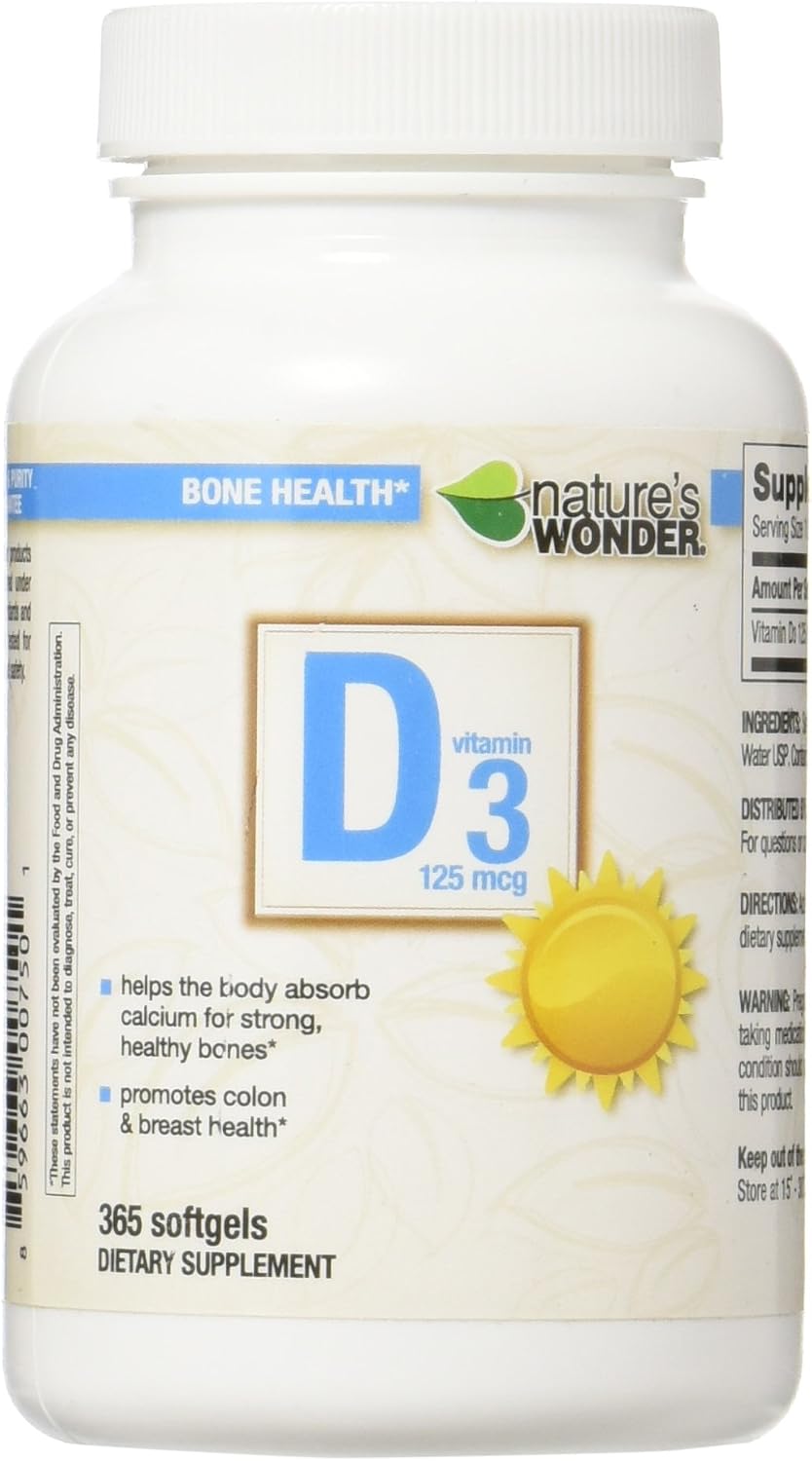 Nature's Wonder Vitamin D3 5000 IU (125mcg) Soft Gels, 365 Count