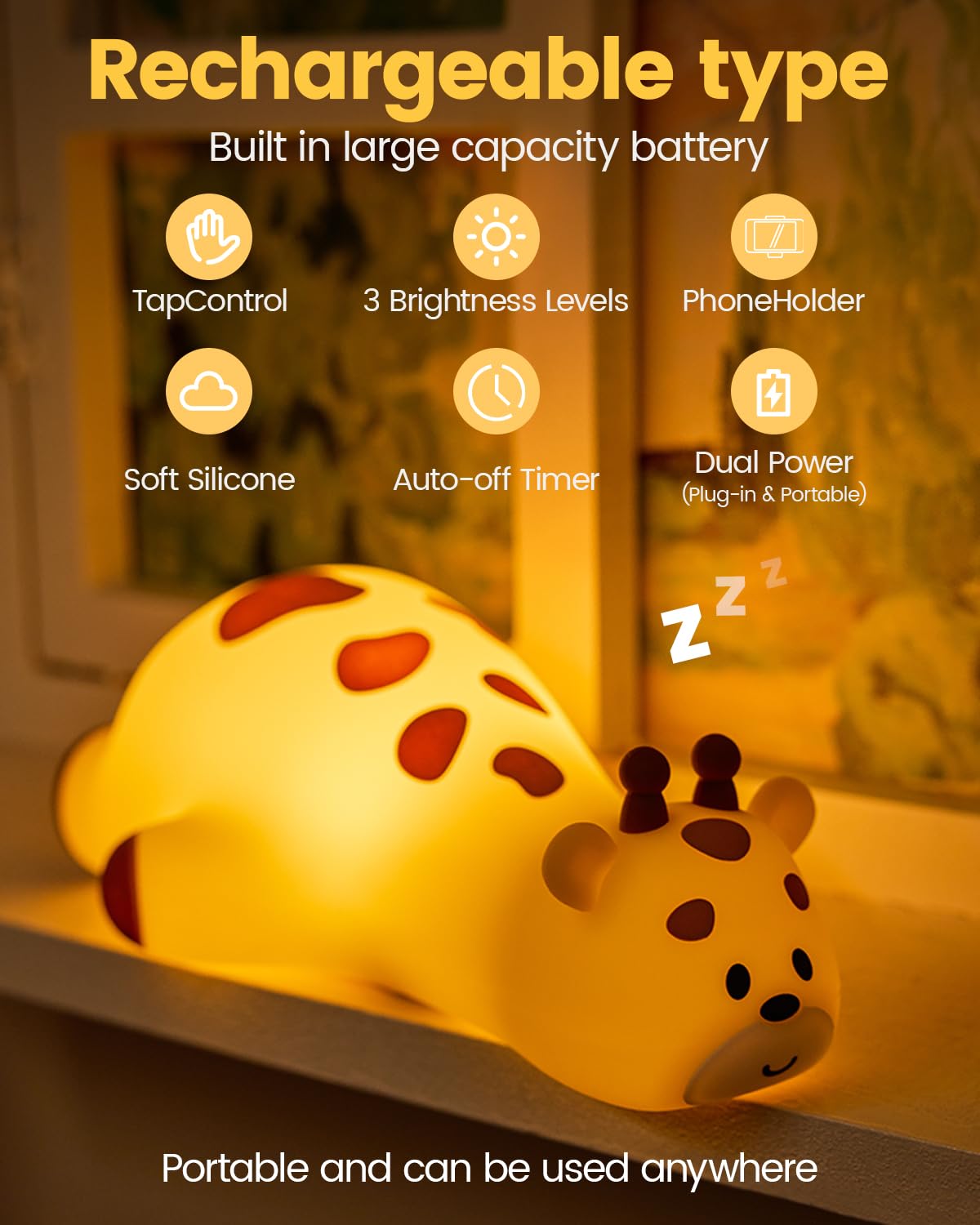 Luz nocturna para niños, jirafa, lámpara de noche con control de grifo de silicona con apagado automático de tiempo, bonita luz LED portátil para guardería para bebé, niño pequeño