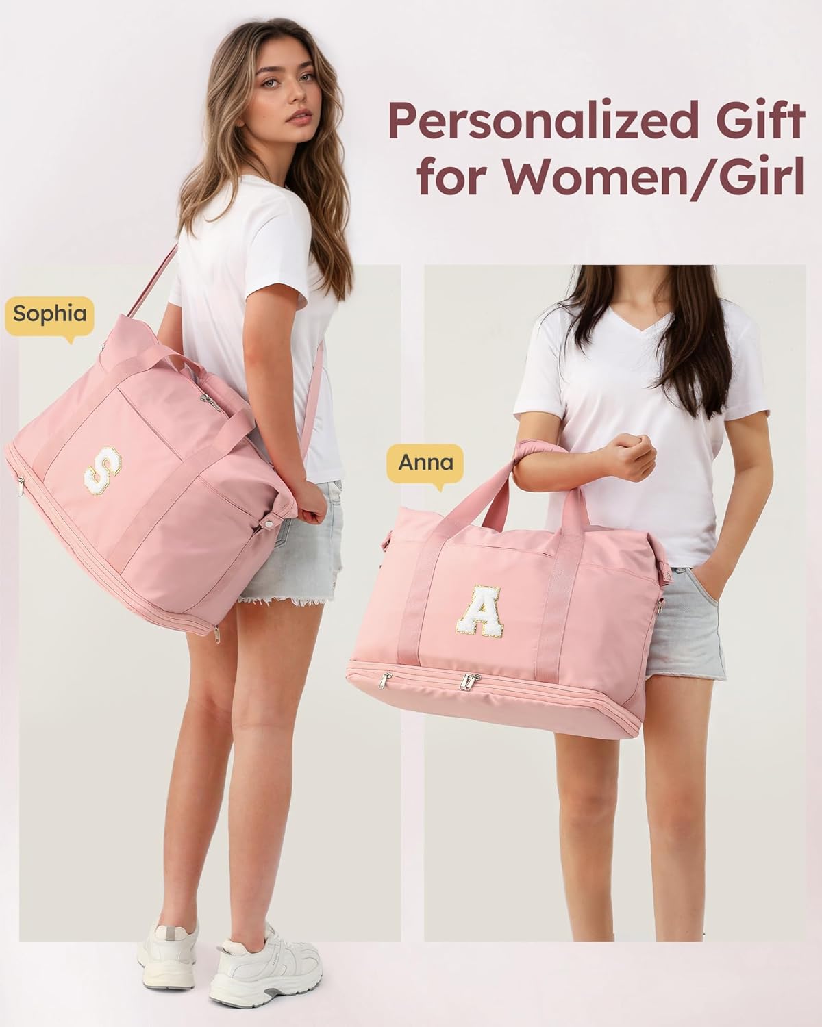 Weekender Bag for Women with Shoe Compartment, Travel Duffle Bag with Makeup Pouch,Birthday Gift for Her,Light Pink,Letter A - Image 6