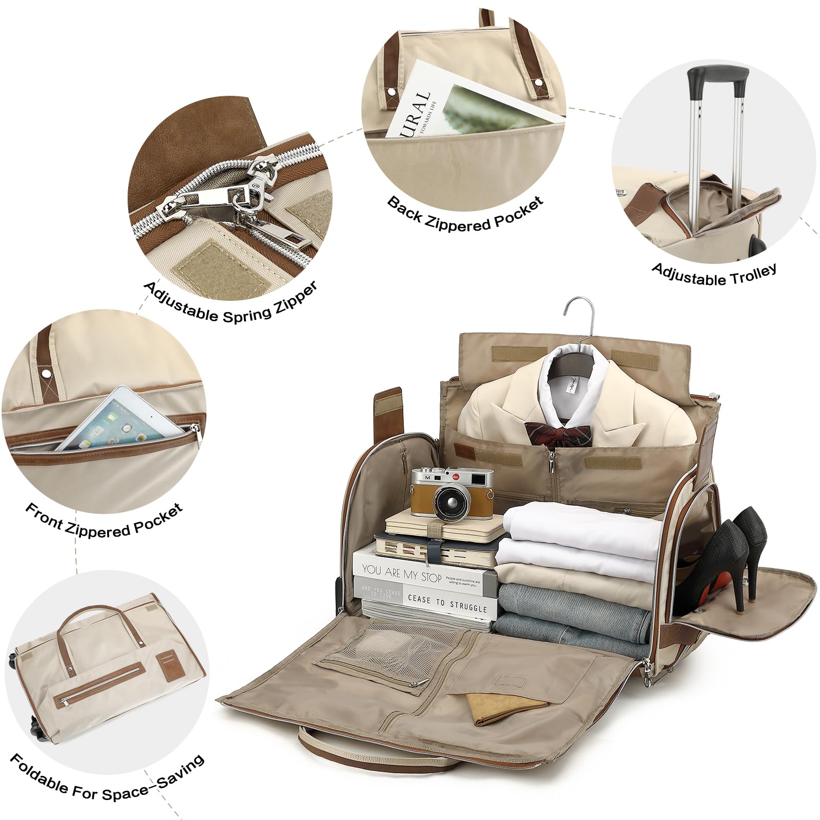 Kleidersack Reisetasche mit Rollen für Damen Umwandelbare Anzugtasche Handgepäck mit Griff und Schuhfach für Kleider Reise Business Hochzeiten 3-in-1-Trolley Garment Duffel Bag 55L, Beige
