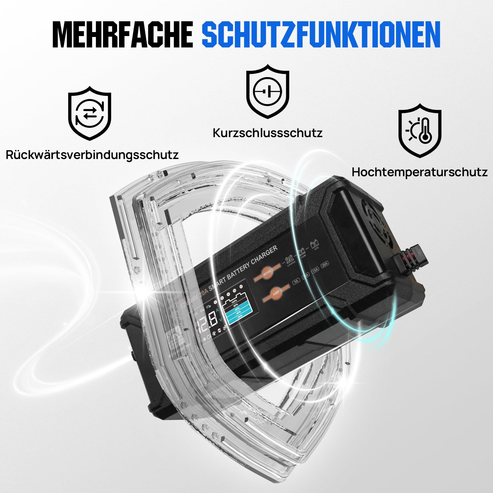 ECO-WORTHY 12V/24V 20A LiFePO4 Batterieladegerät mit Multi-Current Optionen 5A/10A/15A/20A,automatische LiFePO4 Blei-Säure Batterie Spannungserkennung für Auto LKW Motorrad Rasenmäher