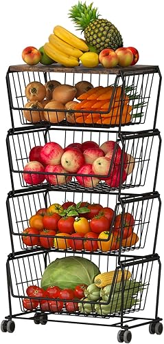 Helsin Cestas de alambre de metal apilables de 4 niveles con ruedas, cestas de frutas y verduras con parte superior de madera, carritos de