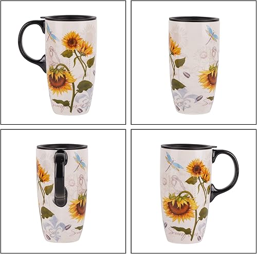 Miniatura 8 de Taza de café de cerámica para regalo con tapa de 17 onzas, taza de té alta de porcelana con asa para el hogar y la oficina, taza con diseño