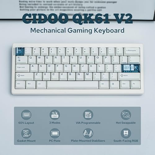 MechLands CIDOO QK61 V2 VIA - Tastiera programmabile al 60%, tastiera da gioco senza fili, tastiera personalizzata, con piastra per PC, RGB, batteria da 3000 mAh per Win/Mac (Bianco) - 2