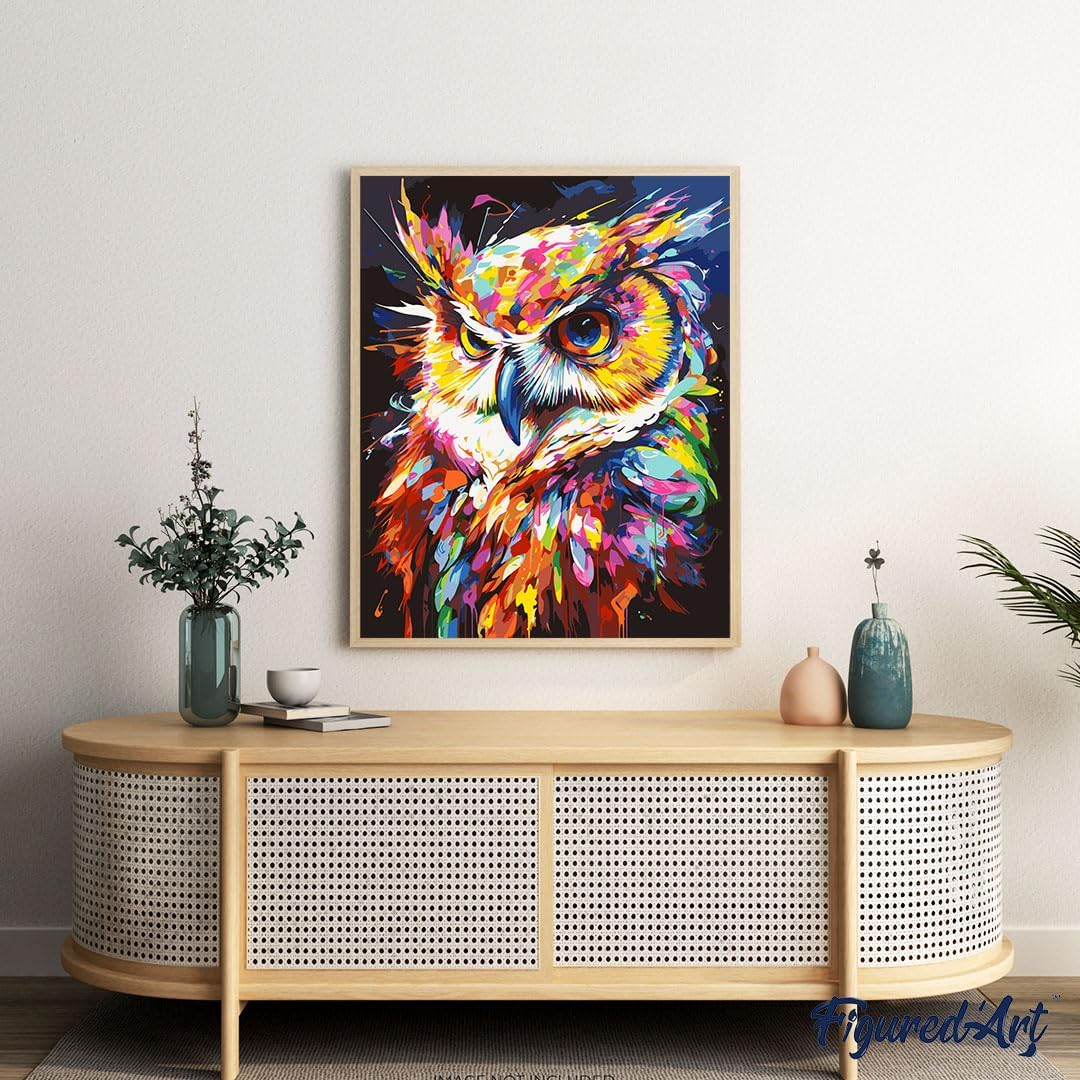 Figured'Art Paint by Number for Adults Colorful Abstract Owl 16"x20" - Craft Art Painting Rolled Canvas with DIY Wooden Frame