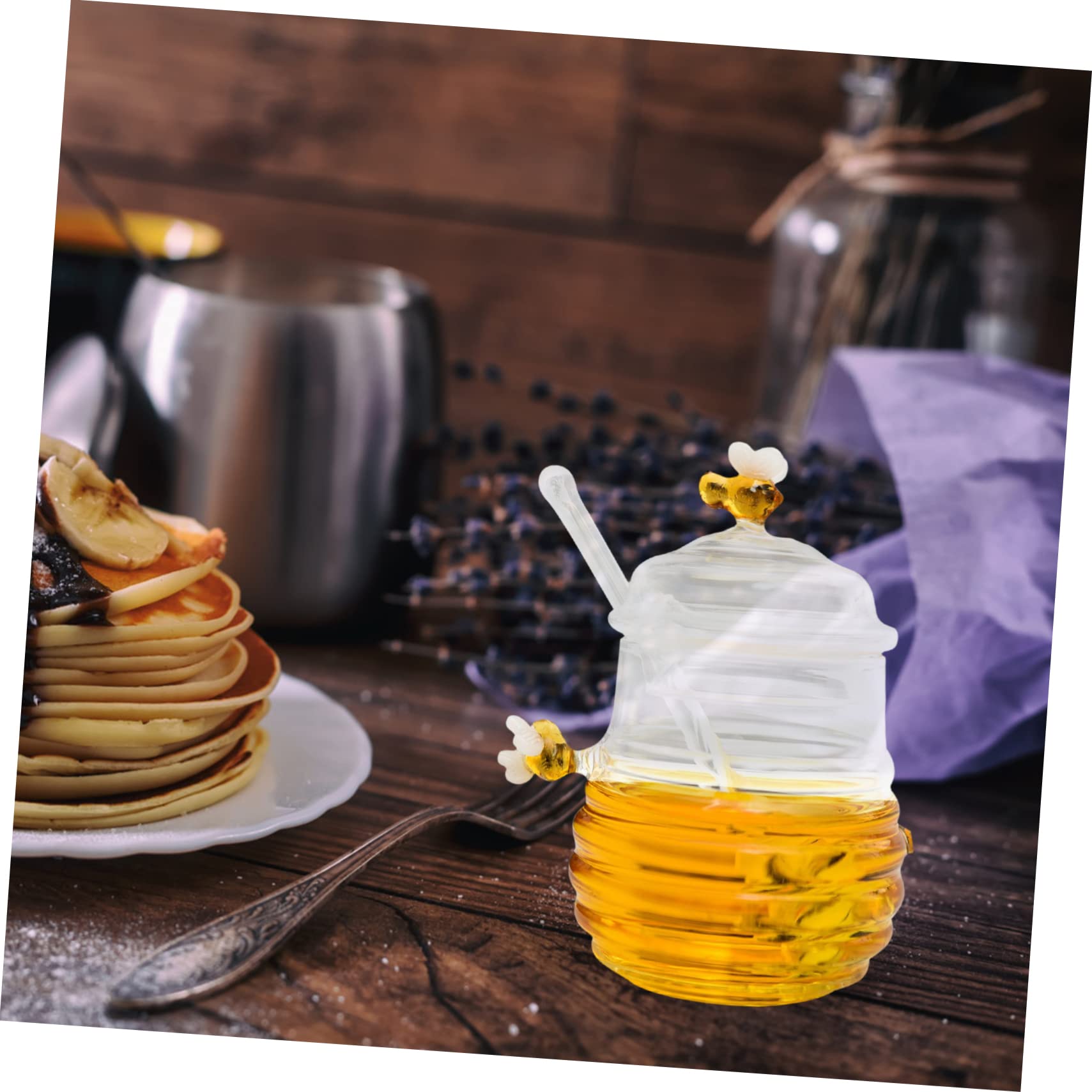 SOLUSTRE Large Glass with Dipper and Lid Honey Dispenser with Stirring Rod for Kitchen Storage and Seasonings