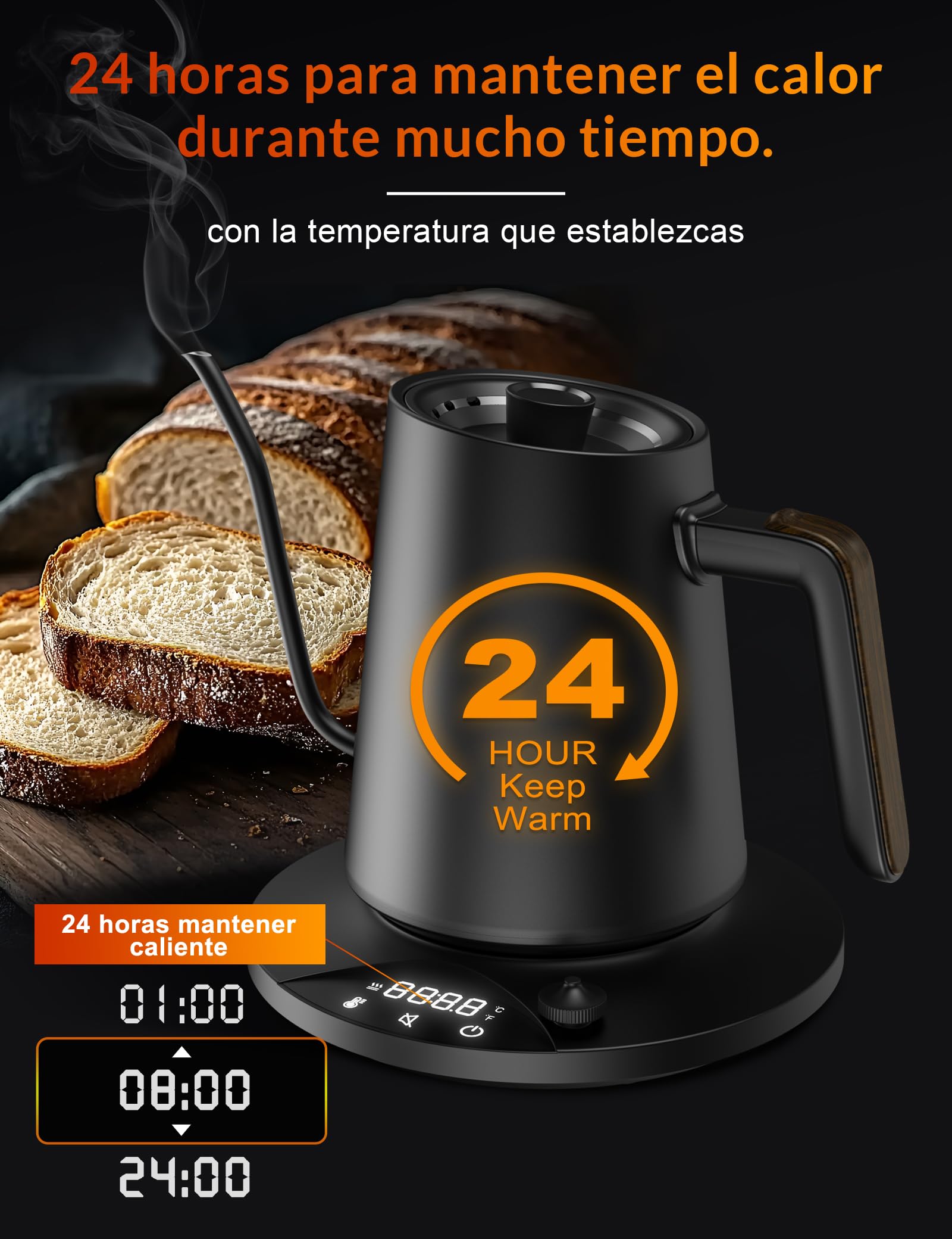 Hervidor de agua de acero inoxidable con ajuste de temperatura, hervidor de cuello de cisne, 24-horas tetera eléctrica con indicador de temperatura, hervidor de café, 0,9L, 1200W