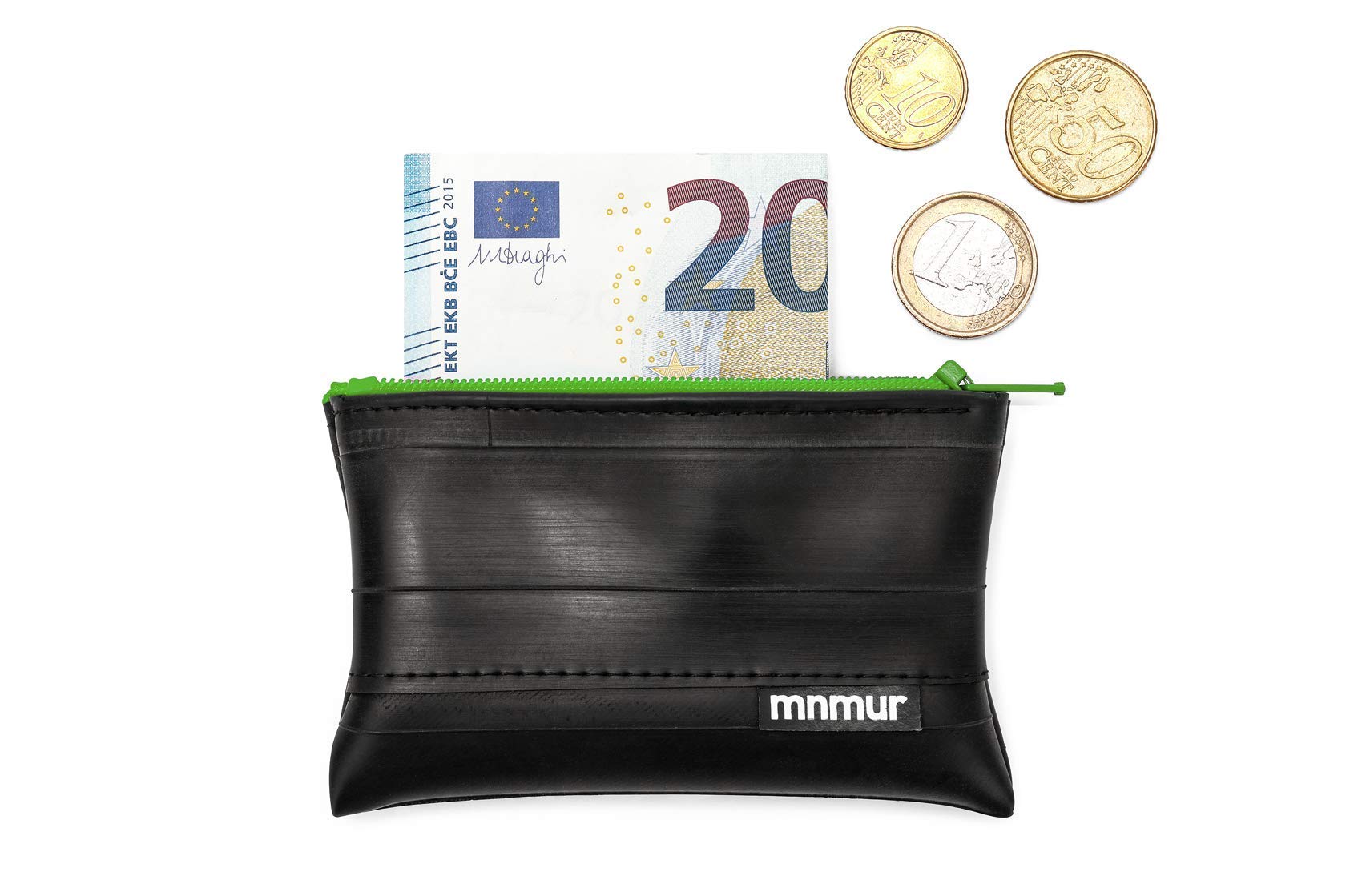 MNMUR Portafoglio piccolo Portamonete Uomo slim, sottile fatto con camere d’aria usate delle biciclette, Dimensioni cm 10x6, Mini portafoglio portamonete (Chiusura lampo verde)