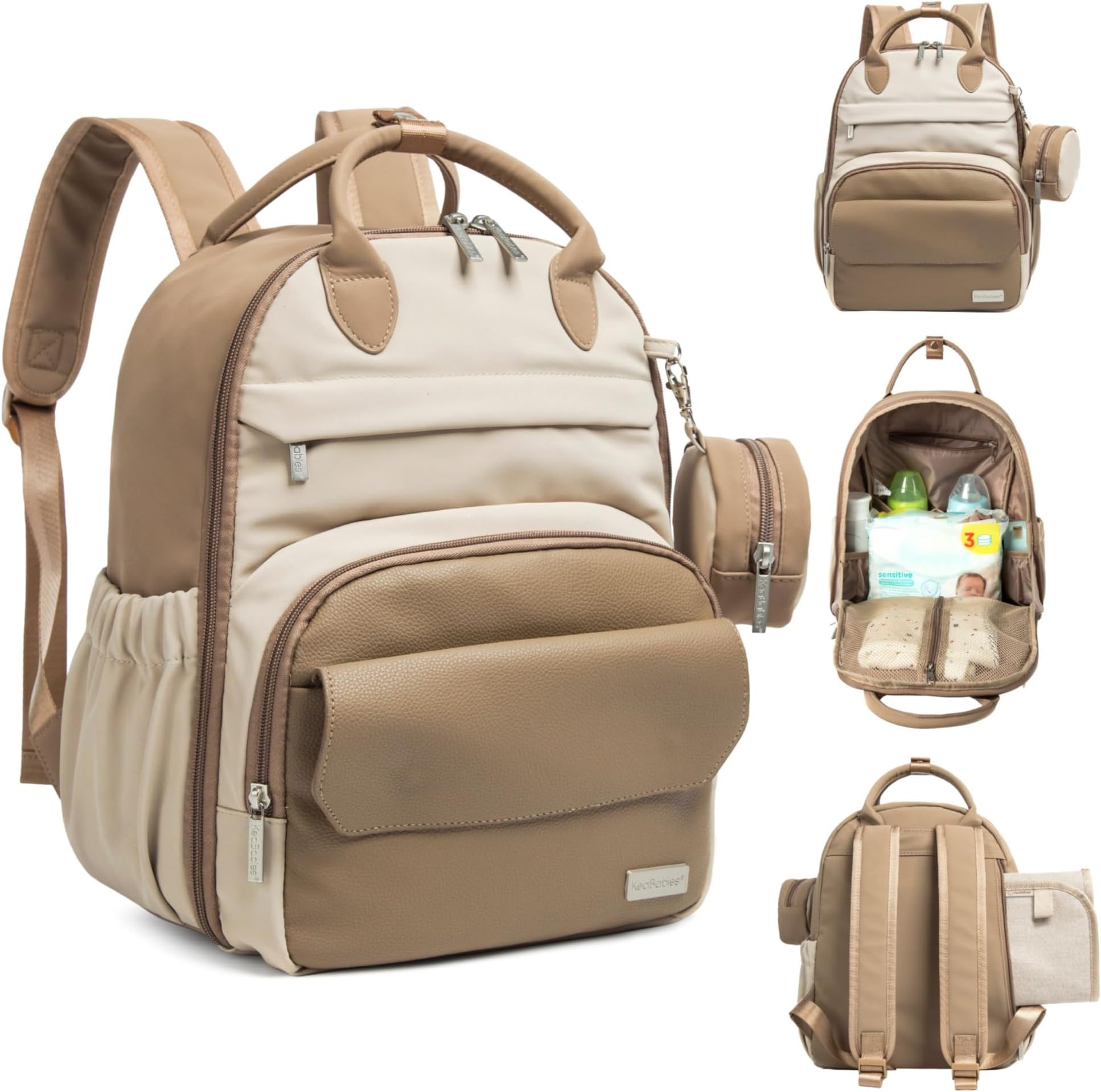 KeaBabies Diaper Bag Backpack - Small Multifunctional Travel Diaper Back Packs, Maternity Baby Changing Bags, 12L Capacity, PU Leather, Waterproof, Unisex, Nappy Changing Pad (Latte, Small)