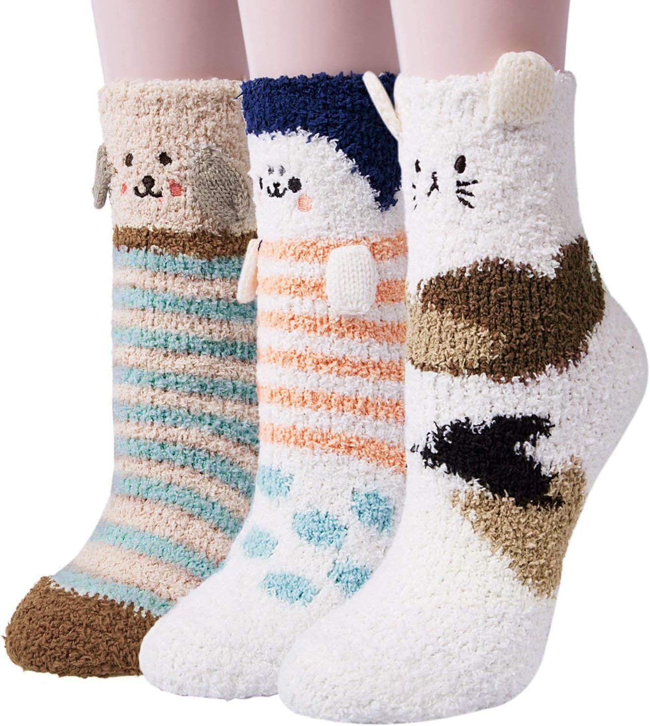 ELECDON 3 Pairs Womens Fuzzy Socks Winter Warm Fluffy Soft Slipper Home Sleeping Cute Animal Socks, womens cozy fluffy socks fuzzy socks plush socks, Winter Fluffy Socks Cozy Fuzzy Socks Athletic