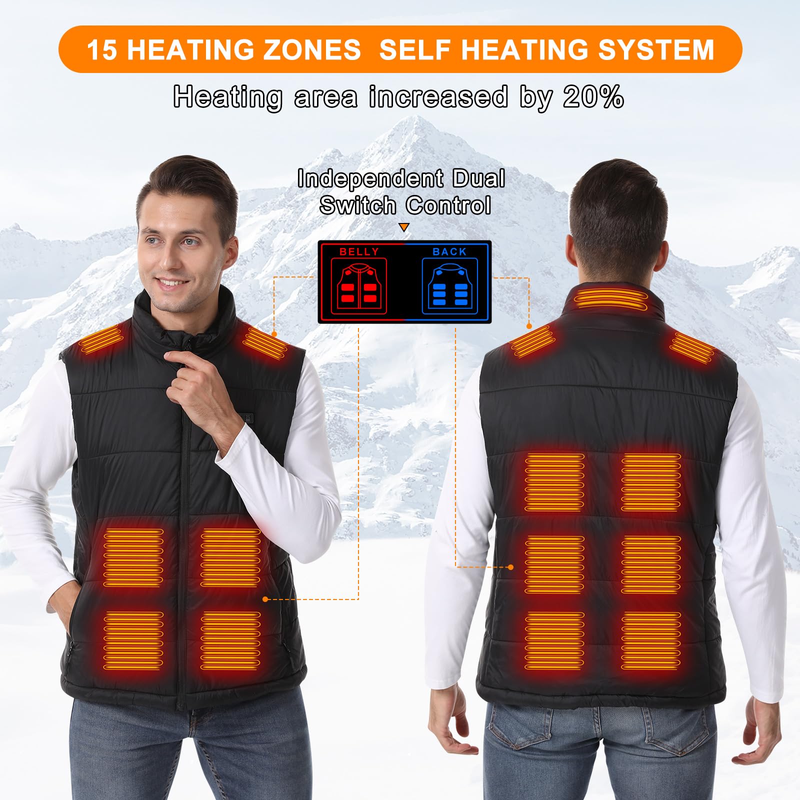 Gilet Chauffant Homme, 15 Zones Chauffantes Veste Chauffante avec Power Bank, Veste Chauffante avec Batterie 12000mAh ＆ 3 Réglages de Température, Gilet Chauffant Homme pour Ski et Randonnée