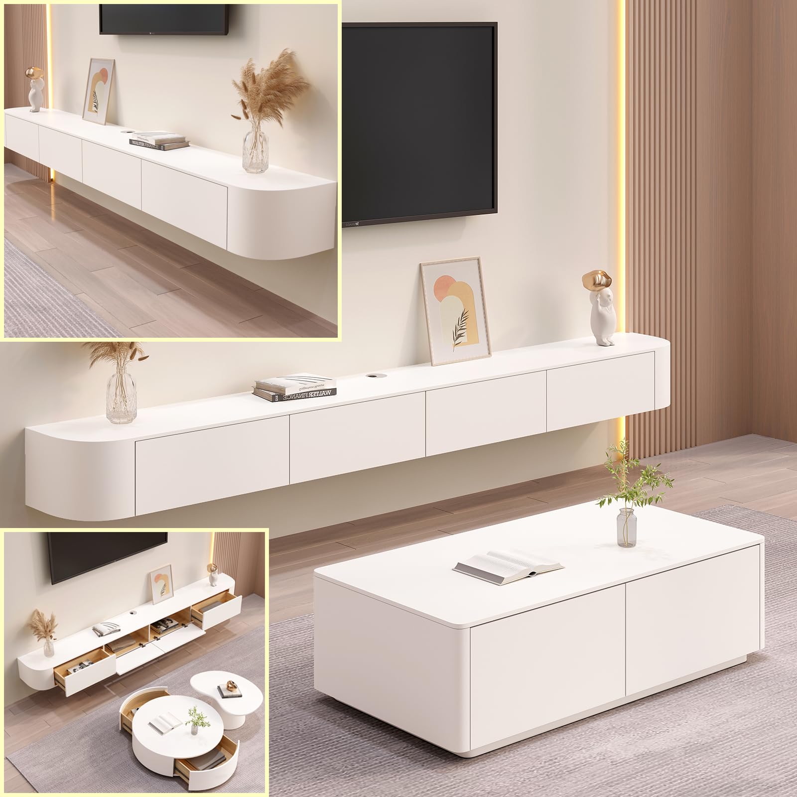 Console multimédia flottante blanche 120cm pour meuble TV