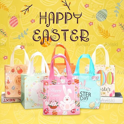 Miniatura 7 de 12 bolsas de caza de huevos de Pascua, conejito de Pascua, zanahoria, huevos de pollito con asas, bolsas de golosinas, bolsas multifuncionales no