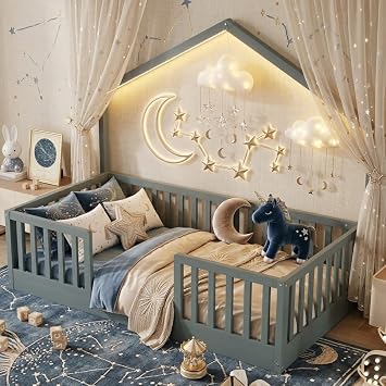 Twin Montessori House Floor Bed with High Rails and LED Light, Grey