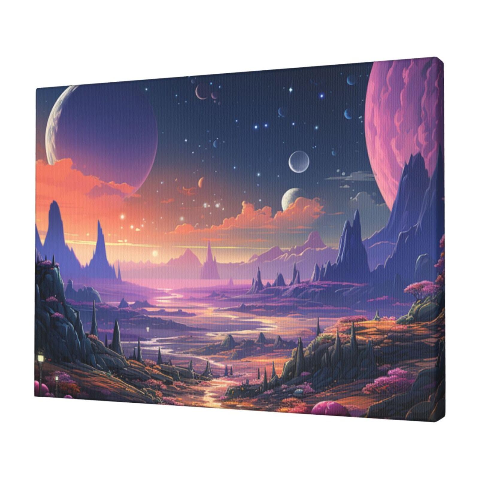 KLOPH Colorful retro space theme Canvas Wall Art for Living Room 12"x16" Modern Artwork Painting for Bathroom Hanging Canvas Prints Aesthetic Wallart for Bedroom Kitchen Office Wall Decor