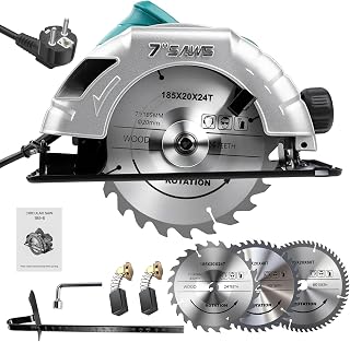 1200 W Circular Saw, Hand Circular Saw with Guide Rail, 5200 RPM, Electric Circular Saw, Cutting Depth 60 mm (90 Degrees), 45 mm (45°), Depth/Angle Adjustment with 3 x 185 mm Circular Saw Blade (24T