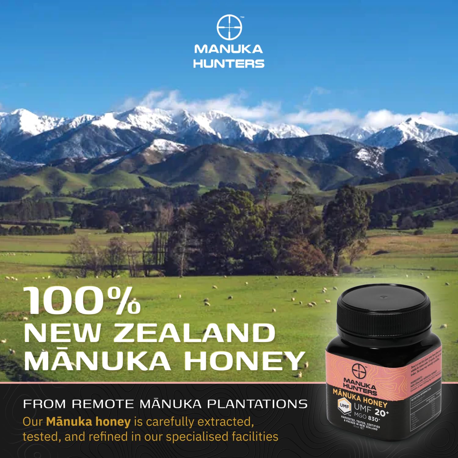 Manuka Hunters UMF 20+/MGO 830+ Certified New Zealand Manuka Honey - 100% Pure Natural Sweetener - Gluten, Dairy Free - Ideal for Tea, Coffee, Smoothies, and Baking - Sustainable - 4.4oz/125g/85ml Jar