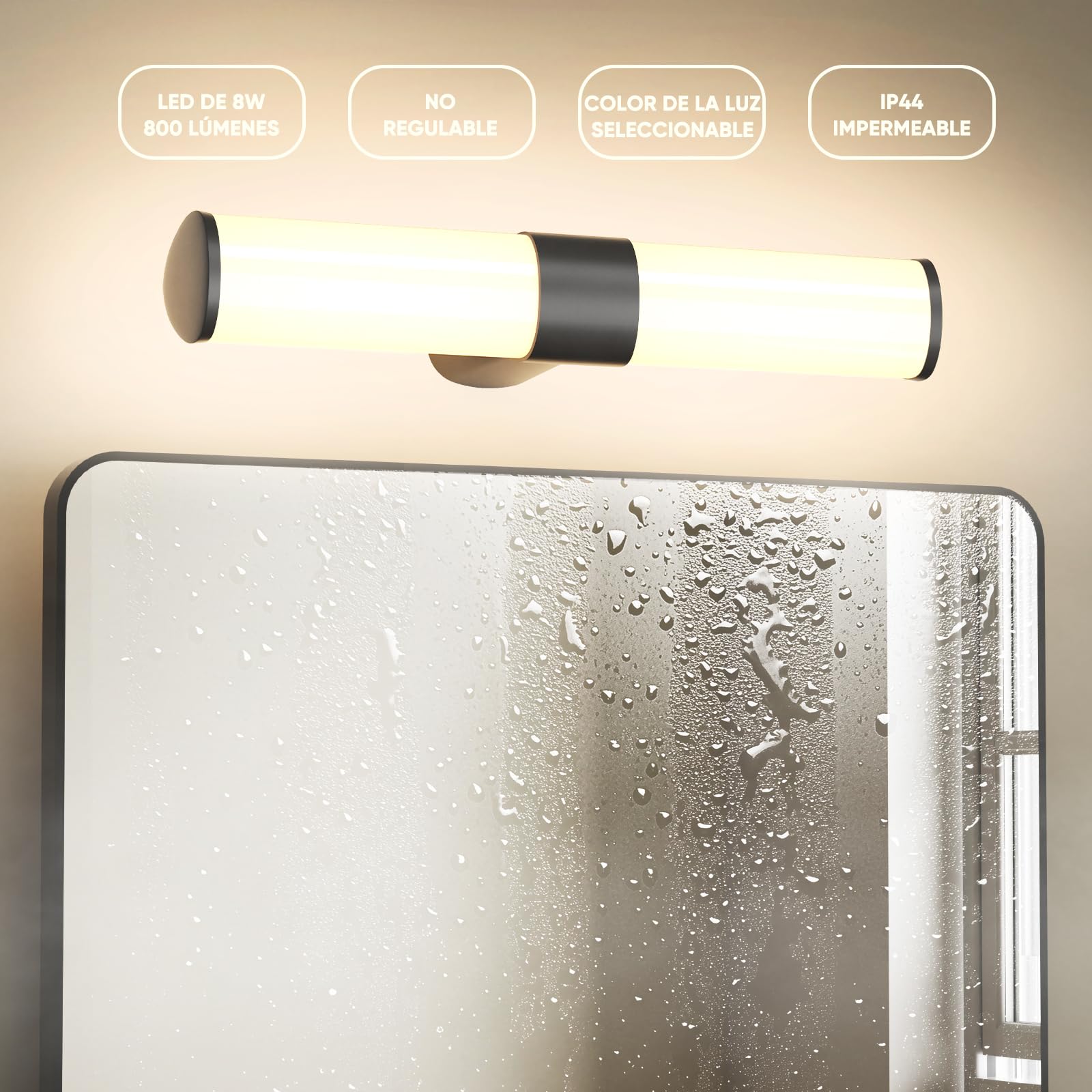 Lampara Aplique de Pared para Luz Espejo y Armario de Baño LED, Ancho 40CM Negro Mate Lampara, 8W 800Lm No Regulable, IP44 Resistente al Agua, Luz Cálida Neutra Fría Opcional