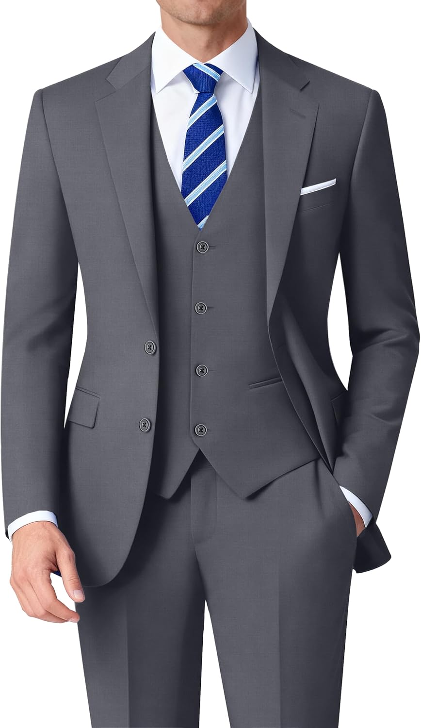 Mens Stretch Suit Slim Fit 3-Piece, 2 Buttons Jacket Vest Adjustable Waist Pants