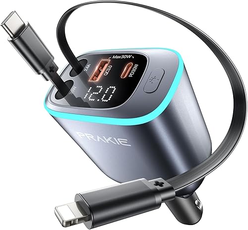 Cargador de coche para iPhone, cargador de teléfono USB C rápido retráctil, adaptador de encendedor de cigarrillos 4 en 1 con 2 cables de 30
