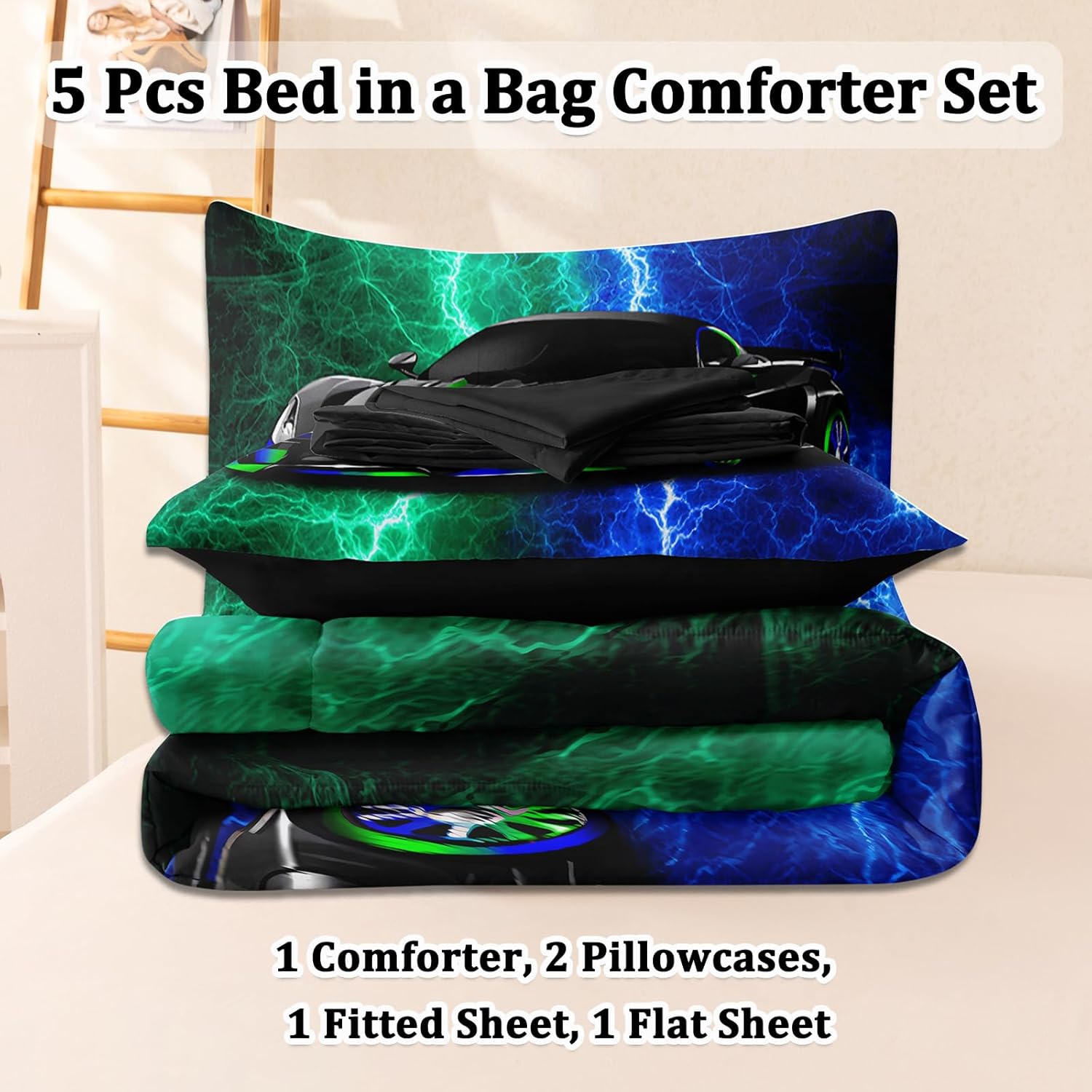5 Pcs Car Comforter Sets for Boys, Cool Blue Green Lightnings Bed in A Bag Full Size Car Bedding Set for Boys Kids