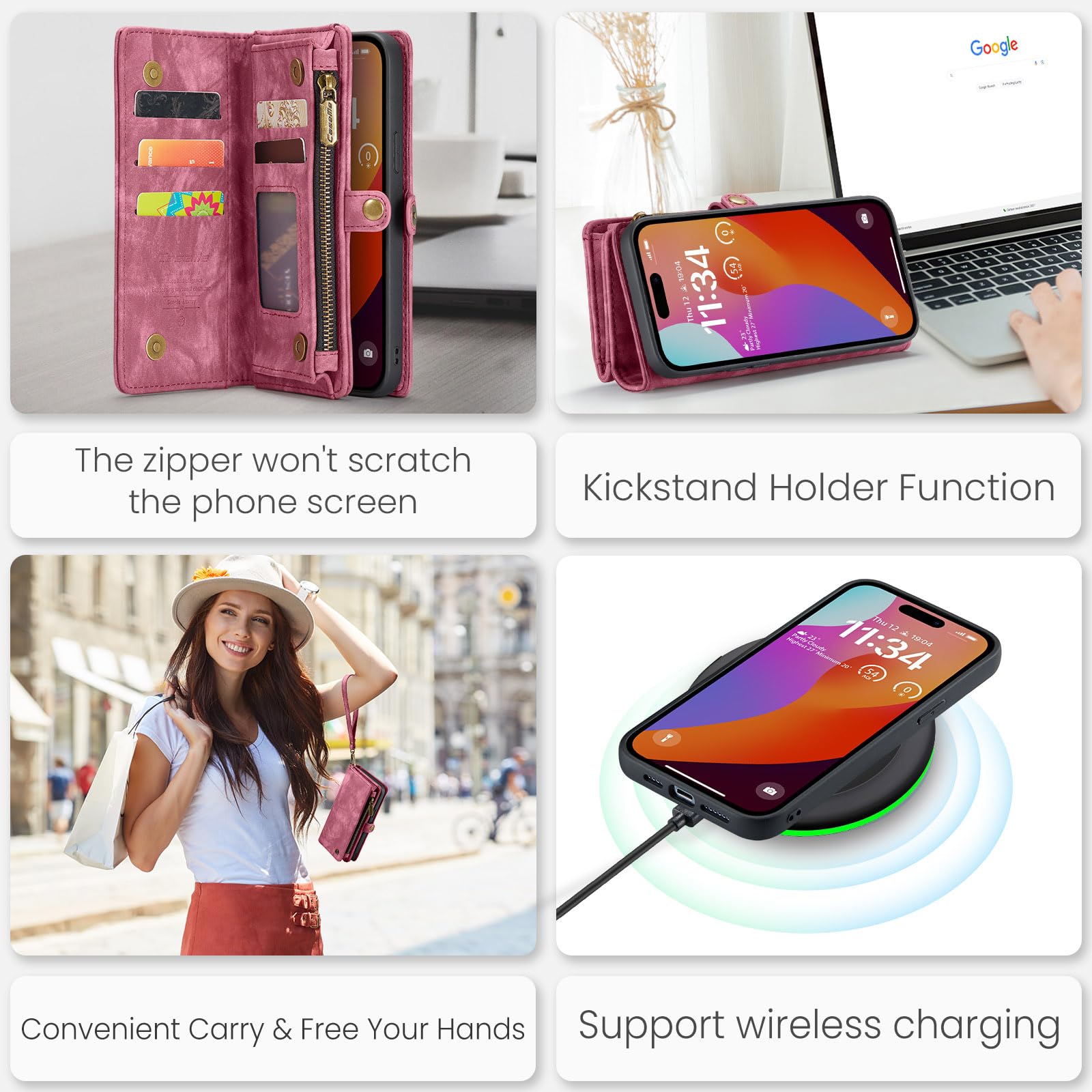 ELEHOLD Wallet Case For IPhone 15 Plus, RFID Blocking 7 Card Slots Magnetic Zipper Purse Wristlet Strap Stand Pu Leather Shockproof Tpu Shell Compatible I - View #7